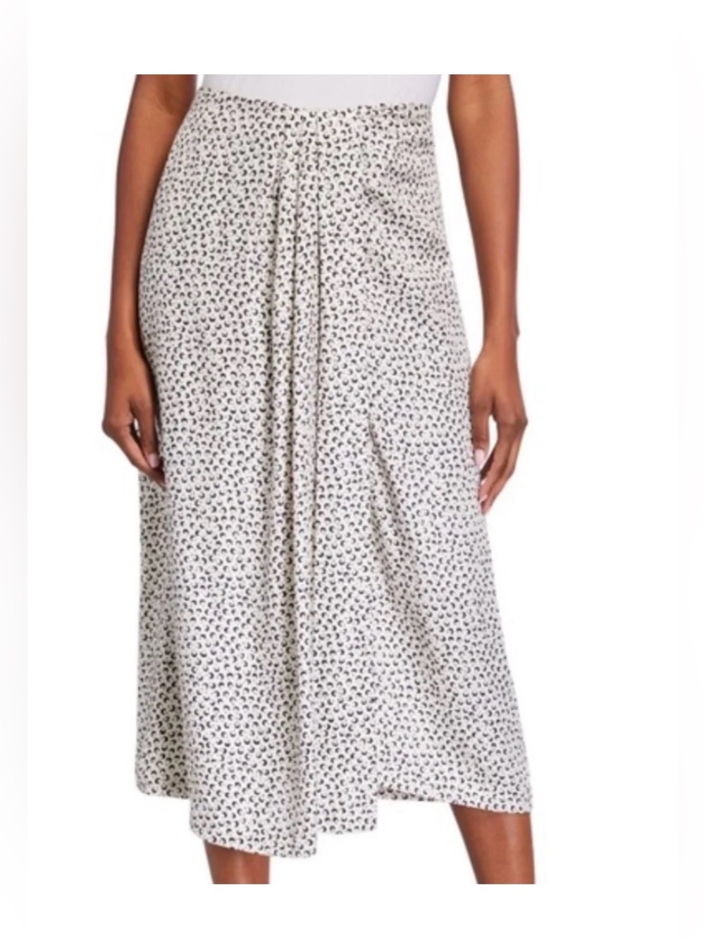 Vince Cream and Black silk blend star dot draped midi skirt